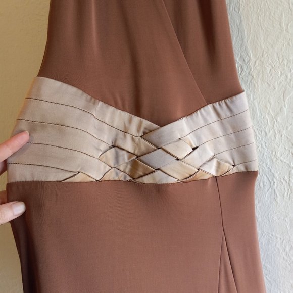 Vintage 90s Keyhole Asymmetric Mocha/Tan Flapper Inspired Dress - Picture 6 of 16